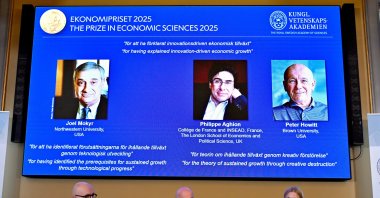 Professor John Hassler, from left, Hans Ellegren, Permanent Secretary of the Academy of Sciences and Professor Kerstin Enflo, announce Joel Mokyr, Philippe Aghion and Peter Howitt as the recipients of the Nobel Memorial Prize in Economics during a press conference at the Royal Swedish Academy of Sciences in Stockholm, Sweden, Oct. 13, 2025. (AP Photo)