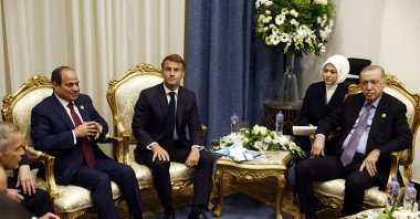 French President Emmanuel Macron attends a meeting with Turkish President Recep Tayyip Erdoğan and Egyptian President Abdel Fattah el-Sissi at the Gaza Peace Summit in Sharm El-Sheikh, Egypt, Oct. 13, 2025. (Reuters Photo)