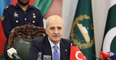 Parliament Speaker Numan Kurtulmuş attends the trilateral meeting of the speakers of the parliaments of Türkiye, Pakistan and Azerbaijan in the Pakistani capital, Islamabad, Oct. 13, 2025. (AA Photo)