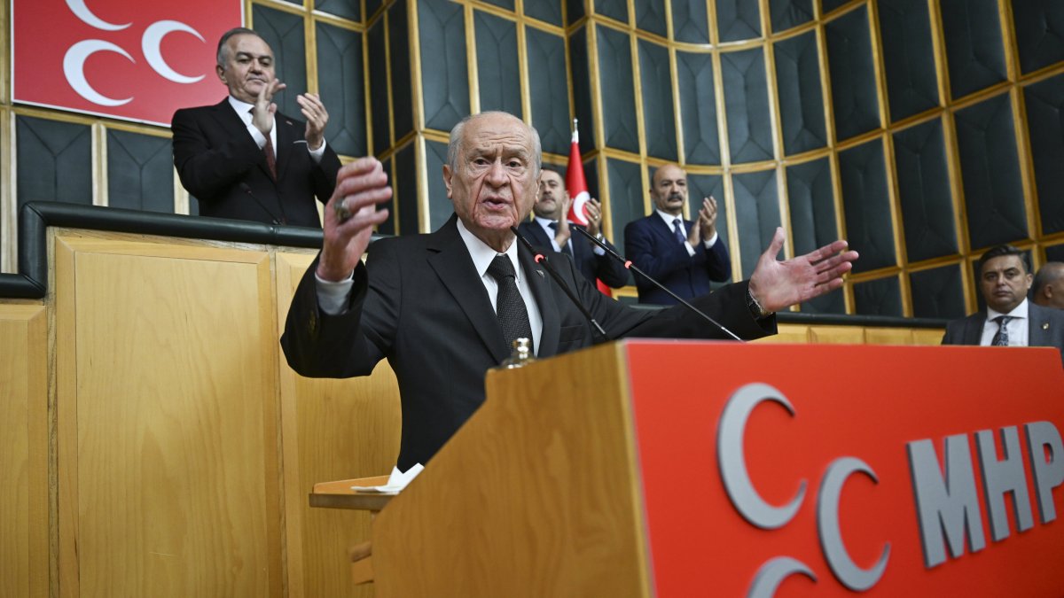MHP leader Devlet Bahçeli speaks at the parliamentary group meeting of his party, Ankara, Türkiye, Oct. 14, 2025. (AA Photo)