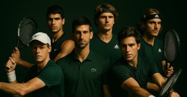An AI-generated portrait captures the “Six Kings” of modern tennis, Jannik Sinner, Carlos Alcaraz, Novak Djokovic, Alexander Zverev, Taylor Fritz and Stefanos Tsitsipas, united in striking green tones ahead of the 2025 Six Kings Slam in Riyadh, Saudi Arabia. (Daily Sabah Illustrations)