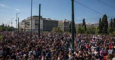 Protestors take part in a demonstration as part of a one-day general strike, Athens, Greece, Oct. 1, 2025. (AFP Photo)