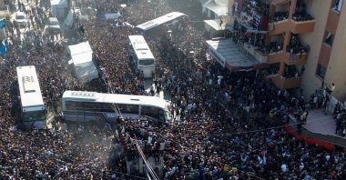 A drone view shows people gathering at Nasser Hospital as they welcome freed Palestinian prisoners released by Israel, Gaza Strip, Palestine, Oct. 13, 2025. (Reuters Photo)