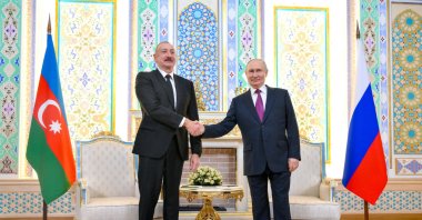 Russian President Vladimir Putin shakes hands with Azerbaijani President Ilham Aliyev during a meeting, Dushanbe, Tajikistan, Oct. 9, 2025. (Reuters Photo)