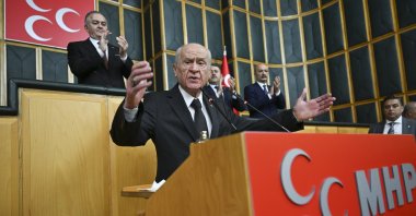 MHP leader Devlet Bahçeli speaks at the parliamentary group meeting of his party, Ankara, Türkiye, Oct. 14, 2025. (AA Photo)