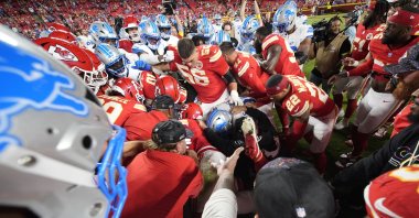 Detroit Lions safety Brian Branch and Kansas City Chiefs wide receiver Juju Smith-Schuster get into a fight after the game at GEHA Field at Arrowhead Stadium, Kansas City, U.S., Oct. 12, 2025. (Reuters Photo)