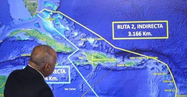 Diosdado Cabello, Venezuela&#039;s Minister of the Interior, Justice, and Peace, shows a map during a press conference in Caracas, Venezuela, Sept. 17, 2025. (EPA Photo)
