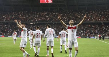 Merih Demiral of Türkiye celebrates with teammates after scoring the 4-0 goal during the FIFA World Cup 2026 qualifying Group E soccer match between Türkiye and Georgia in Kocaeli, Türkiye, Oct. 14, 2025. (EPA Photo)