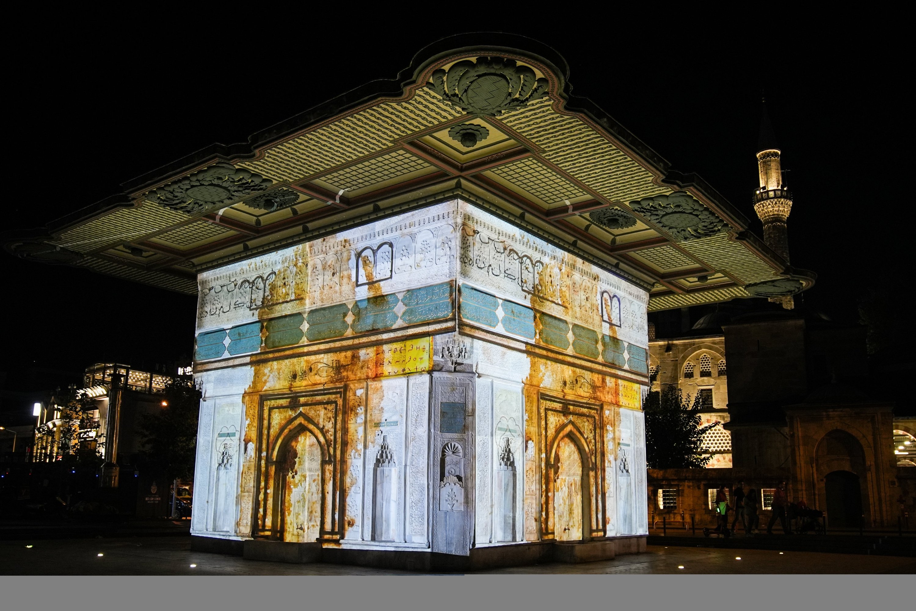 An ancient map is projected on the facade of Tophane Fountain, Istanbul, Türkiye, Sept. 30, 2025. (AA Photo)