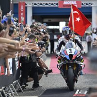 Toprak Razgatlıoğlu crosses the line to victory in the Tissot Superpole at the 11th round of the 2025 WSBK, Estoril, Portugal, Oct. 12, 2025. (AA Photo)