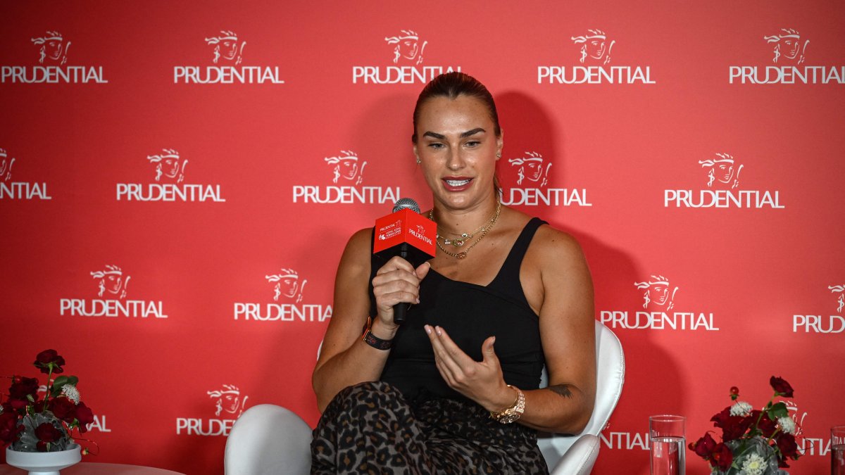 Belarus’ tennis player Aryna Sabalenka speaks as she attends a media event with U.S. former tennis player Andre Agassi, Hong Kong, Oct. 14, 2025. (AFP Photo)