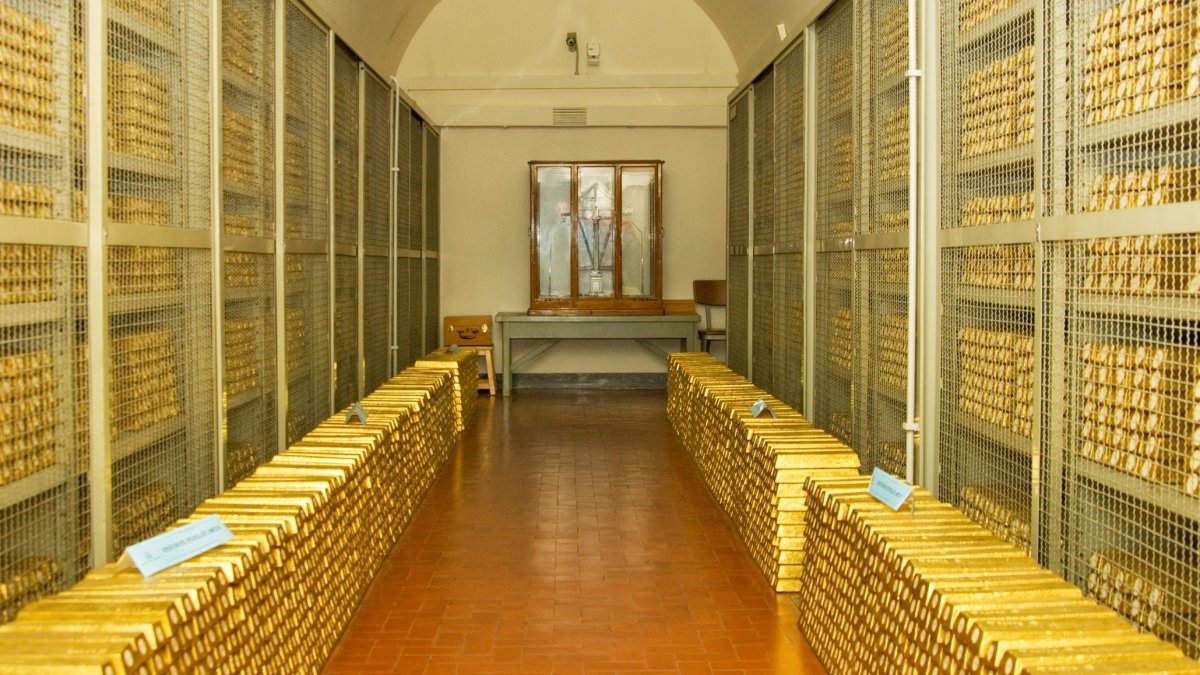 An undated photo of a secure room inside the Bank of Italy’s gold vault filled with stacked gold bars, Rome, Italy. (The Bank of Italy/Handout via Reuters)