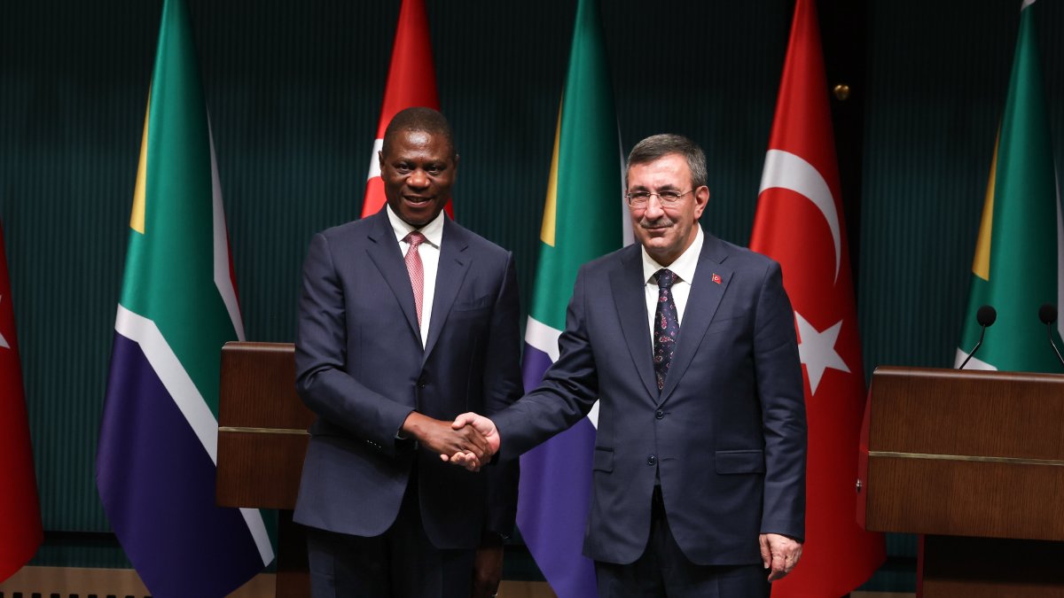 Vice President Cevdet Yılmaz is seen with South African Deputy President Paul Mashatile, at the Presidential Complex, Ankara, Türkiye, Oct. 15, 2025 (AA Photo)