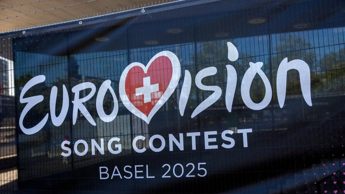 A logo of the Eurovision Song Contest is seen in front of St. Jakobshalle, Basel, Switzerland, May 1, 2025. (Reuters Photo)