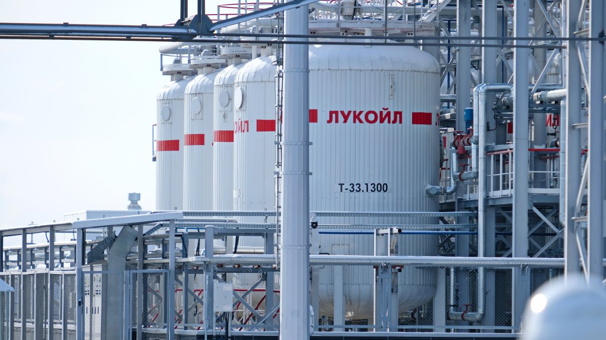 Fuel tanks and pipes at the plant of the Russian Lukoil company, Almaty, Kazakhstan, Nov. 22, 2019. (Shutterstock Photo) 