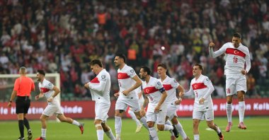 Türkiye national team players celebrate after Kenan Yıldız&#039;s (L) goal during the 2026 FIFA World Cup qualifiers match against Georgia at the İsmet Paşa Stadium, Kocaeli, Türkiye, Oct. 14, 2025. (AA Photo)