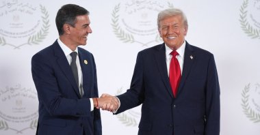 U.S. President Donald Trump greets Spain’s Prime Minister Pedro Sanchez during a summit on Gaza in Sharm el-Sheikh, Egypt, Oct. 13, 2025. (AFP Photo)