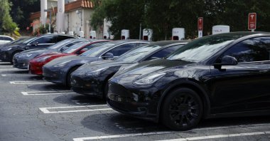 Tesla vehicles sit at a charging station in Glendale, California, U.S., Sept. 23, 2025. (EPA Photo)