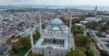 An aerial view highlighting the architectural grandeur and central position of Süleymaniye Mosque and Complex, Istanbul, Türkiye, Oct. 14, 2025. (AA Photo)