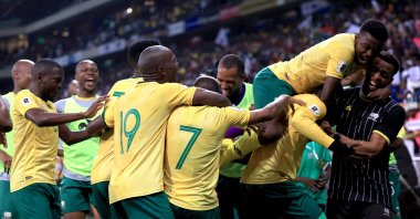 South African players celebrate after beating Rwanda during the FIFA World Cup CAF Qualifiers Group C match at the Mbombela Stadium, Mbombela, South Africa, Oct. 14, 2025. (Reuters Photo)

