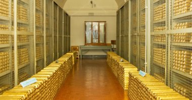 An undated photo of a secure room inside the Bank of Italy’s gold vault filled with stacked gold bars, Rome, Italy. (The Bank of Italy/Handout via Reuters)