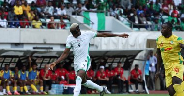 Nigeria&#039;s Victor Osimhen scores during the FIFA World Cup CAF Qualifiers Group C match against Benin at Godswill Akpabio International Stadium, Uyo, Nigeria, Oct. 14, 2025. (Reuters Photo)