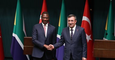 Vice President Cevdet Yılmaz is seen with South African Deputy President Paul Mashatile, at the Presidential Complex, Ankara, Türkiye, Oct. 15, 2025 (AA Photo)