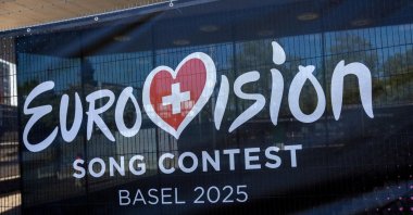 A logo of the Eurovision Song Contest is seen in front of St. Jakobshalle, Basel, Switzerland, May 1, 2025. (Reuters Photo)