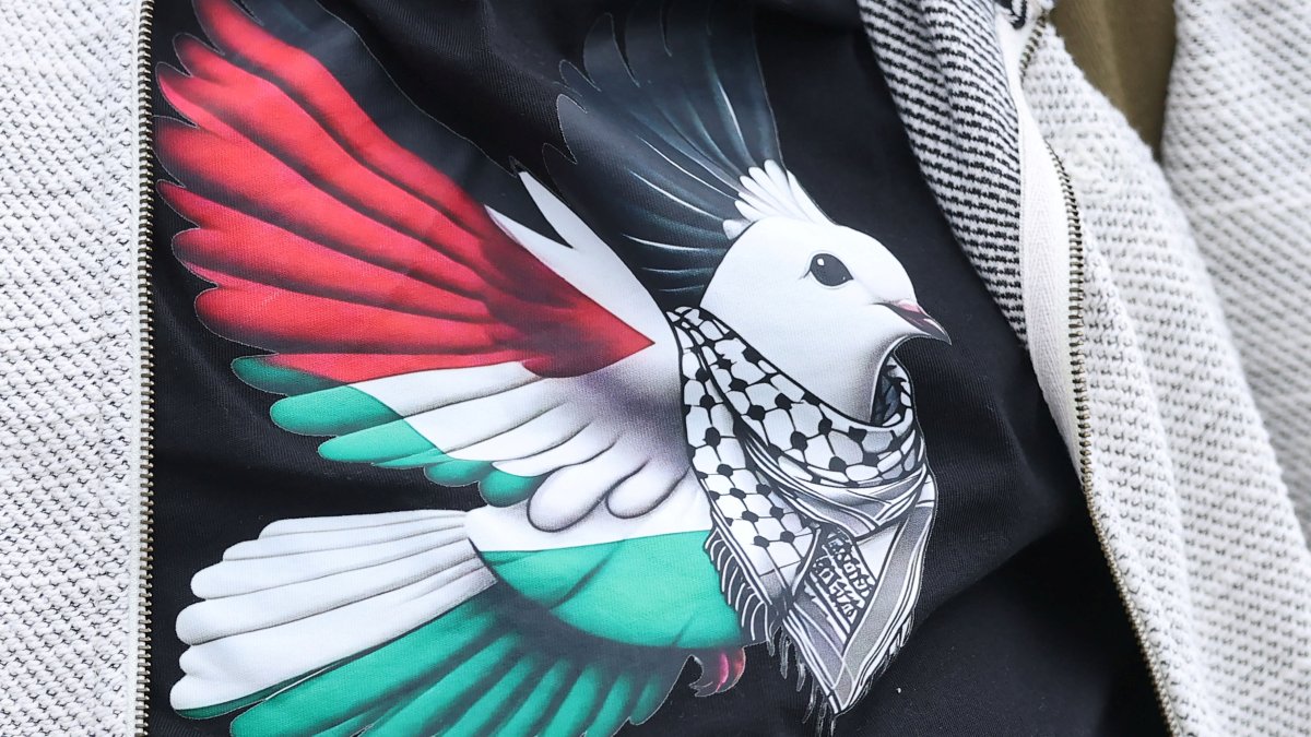 A dove, a symbol of peace, in the colors of the Palestinian flag, is seen on a shirt as protesters take part in a march and rally organized by Palestine Solidarity Campaign, Havant, U.K., Oct. 8, 2025. (Reuters Photo)