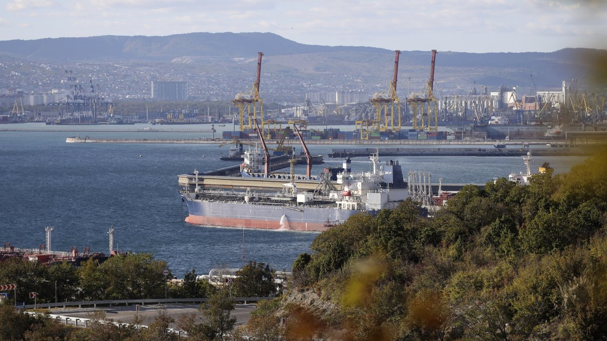 An oil tanker is moored at the Sheskharis complex, Novorossiysk, Russia, Oct. 11, 2022. (AP Photo)