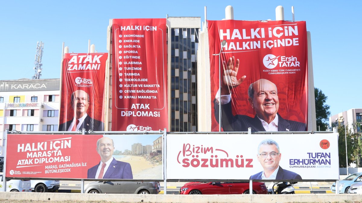 Campaign banners of the two candidates, Ersin Tatar and Tufan Erhürman, Lefkoşa (Nicosia), TRNC, Oct. 14, 2025. (AA Photo)