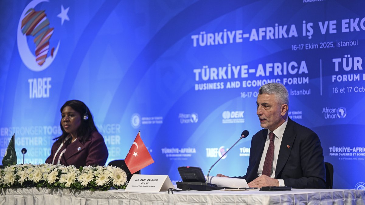 Trade Minister Ömer Bolat addresses the 5th Türkiye-Africa Business and Economic Forum, Istanbul, Türkiye, Oct. 16, 2025. (AA Photo)