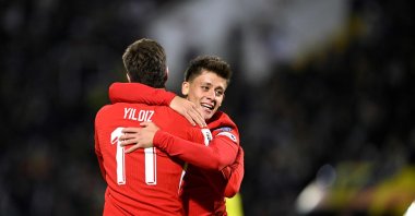 Türkiye&#039;s Kenan Yıldız (L) celebrates with teammate Arda Güler after scoring a goal during the FIFA World Cup 2026 Group E European qualification match against Bulgaria at the Vasil Levski National Stadium, Sofia, Bulgaria, Oct. 11, 2025. (AFP Photo)