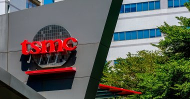 The Taiwan Semiconductor Manufacturing Company Limited (TSMC) logo is displayed outside its fabrication plant in Hsinchu, Taiwan, Oct. 9, 2025. (EPA Photo)
