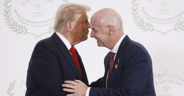FIFA President Gianni Infantino (R) and U.S. President Donald Trump pose during the greetings ceremony before the family picture at the Gaza Peace Summit, Sharm El-Sheikh, Egypt, Oct. 13, 2025. (EPA Photo)