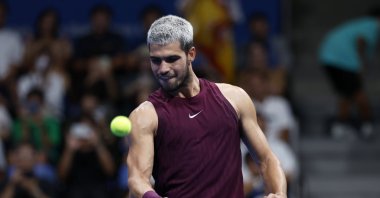 Spain&#039;s Carlos Alcaraz reacts after winning the final match against Taylor Fritz of the USA at the Japan Open tennis tournament, Tokyo, Japan, Sept. 30, 2025. (EPA Photo)