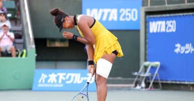 Japan&#039;s Naomi Osaka reacts after beating the Netherlands&#039; Suzan Lamens in their women&#039;s singles match at the Japan Open tennis tournament, Osaka, Japan, Oct.15, 2025. (AFP Photo)