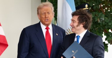 U.S. President Donald Trump welcomes Argentina’s President Javier Milei at the White House in Washington, D.C., U.S., Oct. 14, 2025. (Reuters Photo)