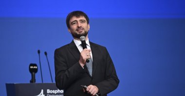 Mehmet Güllüoğlu, vice president of Turkish Green Crescent (Yeşilay), speaks during the Bosphorus Diplomacy Forum on Democracy and Freedom Island near Istanbul, Türkiye, Sept. 25, 2025. (AA Photo)