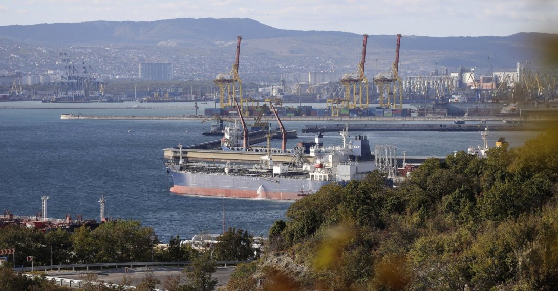 An oil tanker is moored at the Sheskharis complex, Novorossiysk, Russia, Oct. 11, 2022. (AP Photo)