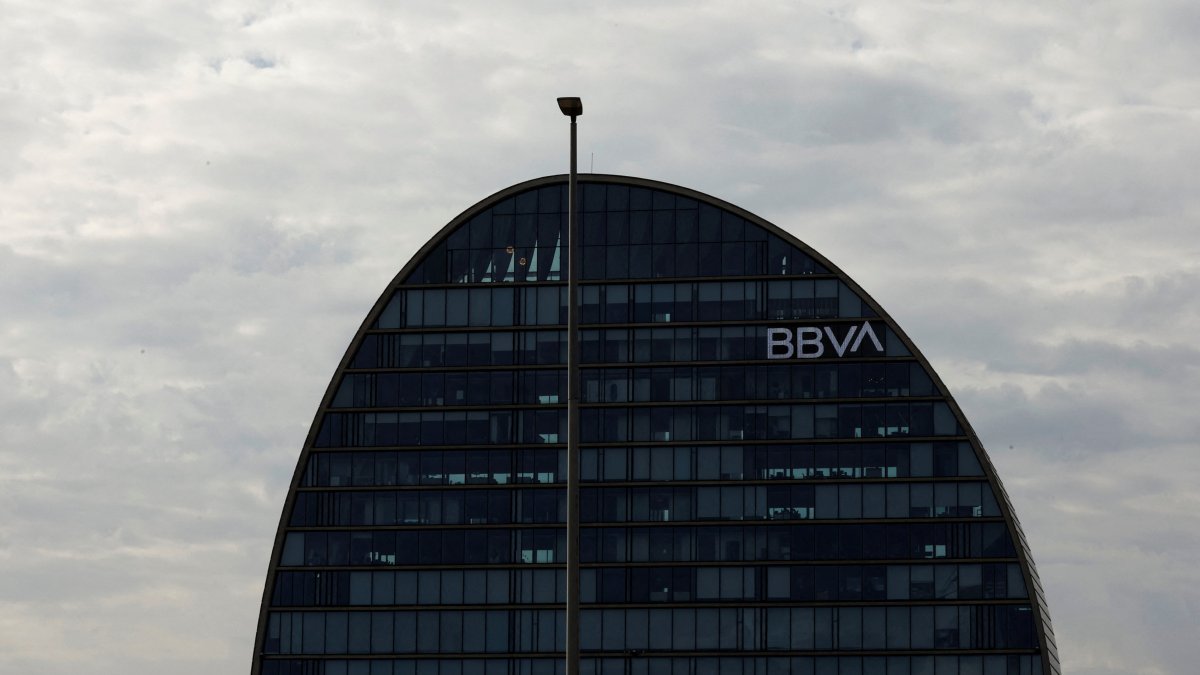 The logo of Spain&#039;s BBVA is displayed on the facade of the bank&#039;s headquarters in Madrid, Spain, Oct. 17, 2025. (Reuters Photo)
