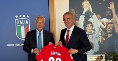 Turkish Football Federation (TFF) President  İbrahim Hacıosmanoğlu (R) poses for a photo with Italian counterpart Gabriele Gravina at the FIGC headquarters, Rome, Italy, Oct. 16, 2025. (IHA Photo)