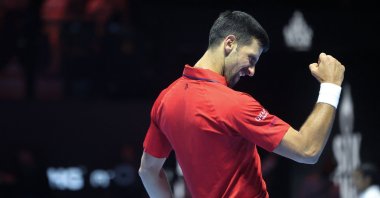Serbia&#039;s Novak Djokovic celebrates after a point against Italy&#039;s Jannik Sinner during the semifinal of the Six Kings Slam exhibition tennis tournament, Riyadh, Saudi Arabia, Oct. 16, 2025. (AFP Photo)