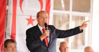 Turkish Republic of Northern Cyprus (TRNC) President Ersin Tatar is seen speaking to the public in villages, Lefkoşa (Nicosia), TRNC, Oct. 10, 2025. (IHA Photo)