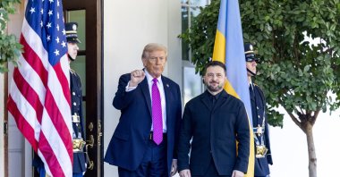 U.S. President Donald Trump greets Ukrainian President Volodymyr Zelenskyy as he arrives at the West Wing of the White House in Washington, D.C., Oct. 17, 2025. (EPA Photo)