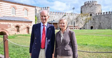 Count Nikolai Tolstoy and his wife Georgina pose as they visit the Yedikule Fortress, Istanbul, Türkiye, Oct. 17, 2025. (AA Photo)