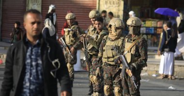 Houthi soldiers patrol a street in Sanaa, Yemen, Oct. 17, 2025. (EPA Photo)