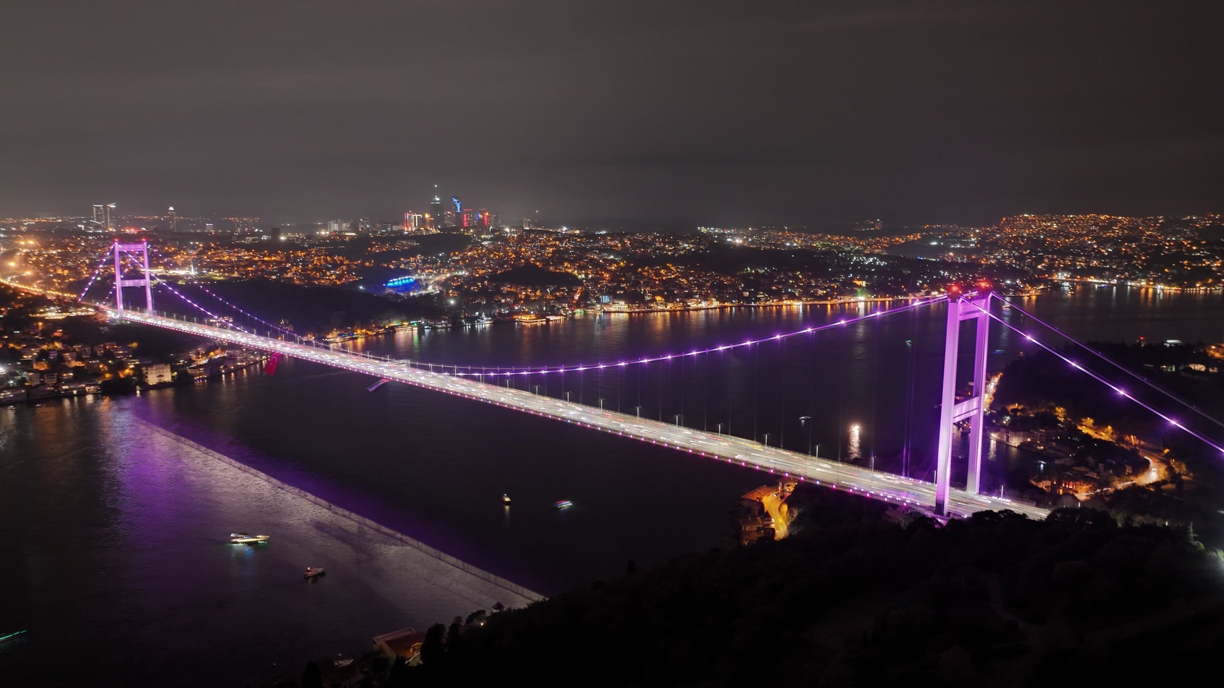 Fatih Sultan Mehmet Bridge is illuminated in pink to raise awareness for breast cancer, Istanbul, Türkiye, Oct. 18, 2025. (AA Photo)