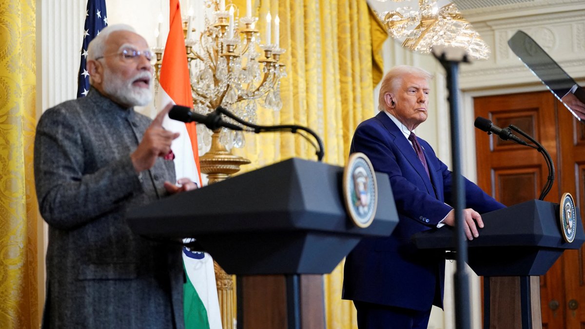 U.S. President Donald Trump listens as Indian Prime Minister Narendra Modi speaks during a joint news conference at the White House, Washington, U.S., Feb. 13, 2025. (Reuters Photo)