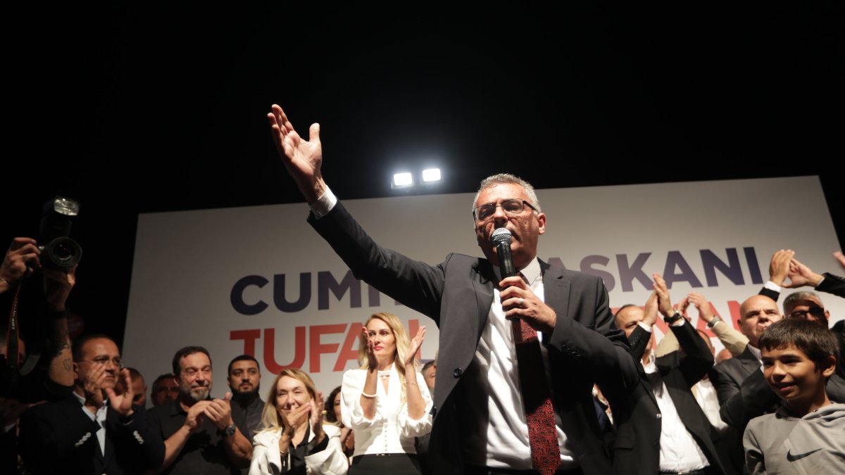President-elect Tufan Erhürman addresses supporters after the election victory, Lefkoşa (Nicosia), TRNC, Oct. 19, 2025. (EPA Photo)